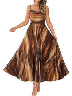 Women's Summer Floral Maxi Spaghetti Strap Floral Brown Printed Beach Dress